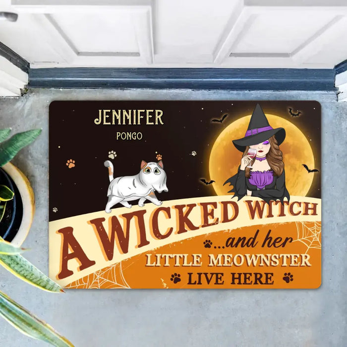 Personalized Halloween Witch Cats Doormat - Gift Idea For Family/Pet Lover - Up to 6 Cats - A Wicked Witch And Her Little Meownsters Live Here