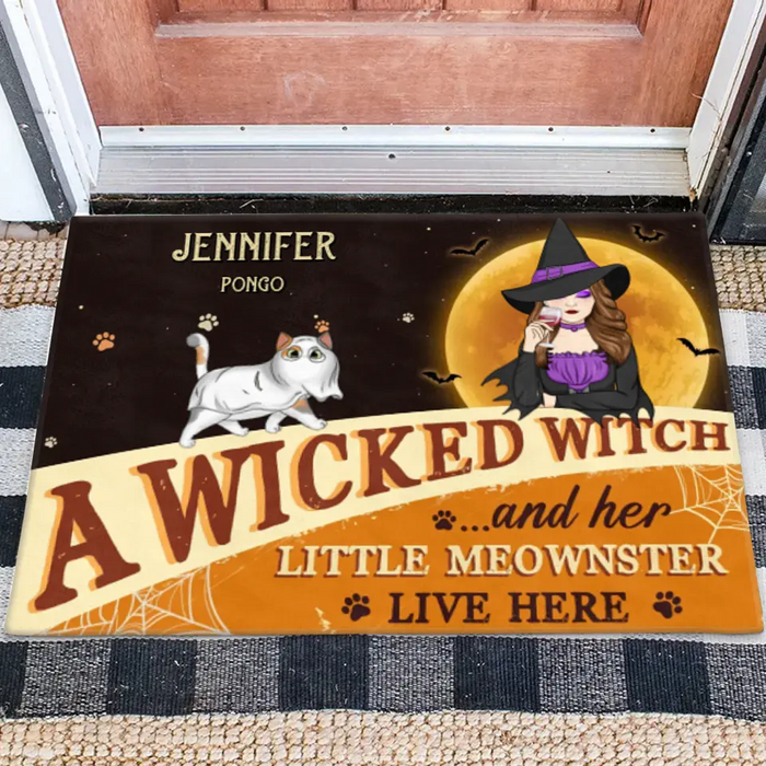 Personalized Halloween Witch Cats Doormat - Gift Idea For Family/Pet Lover - Up to 6 Cats - A Wicked Witch And Her Little Meownsters Live Here