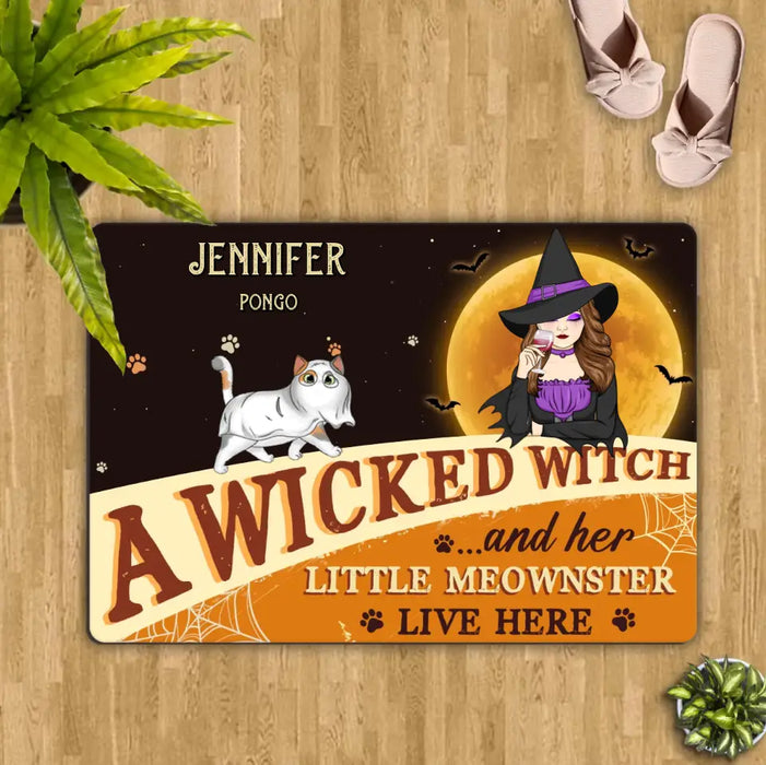 Personalized Halloween Witch Cats Doormat - Gift Idea For Family/Pet Lover - Up to 6 Cats - A Wicked Witch And Her Little Meownsters Live Here