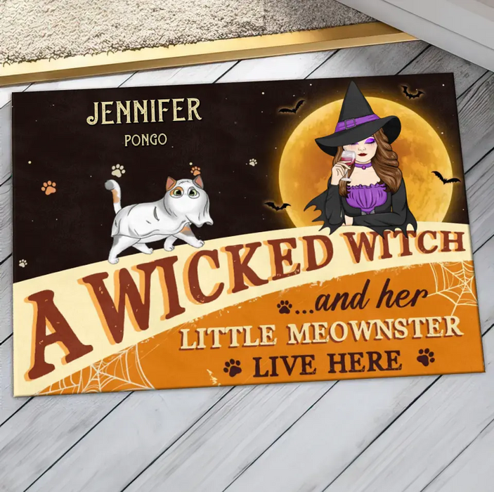 Personalized Halloween Witch Cats Doormat - Gift Idea For Family/Pet Lover - Up to 6 Cats - A Wicked Witch And Her Little Meownsters Live Here