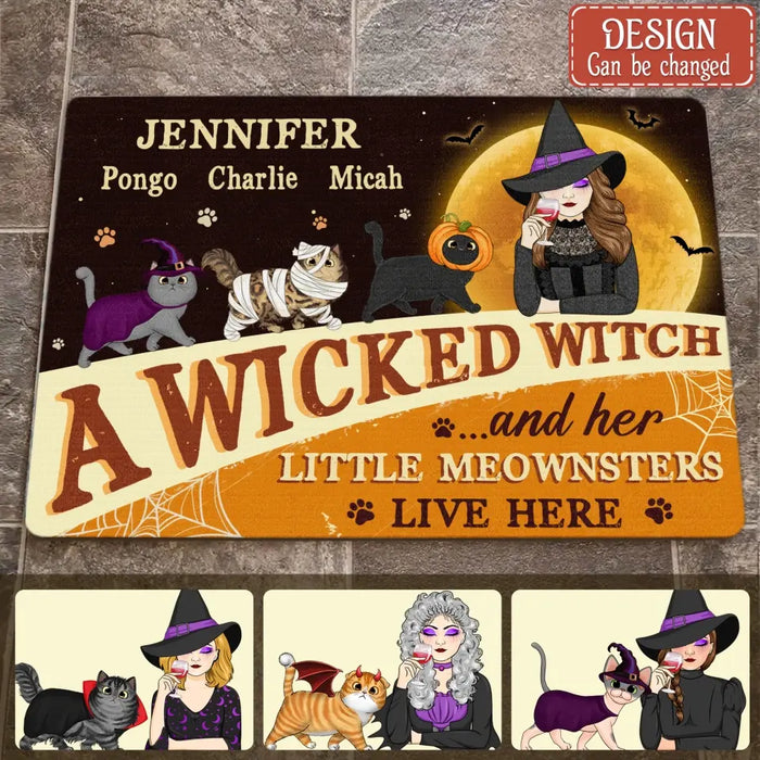Personalized Halloween Witch Cats Doormat - Gift Idea For Family/Pet Lover - Up to 6 Cats - A Wicked Witch And Her Little Meownsters Live Here