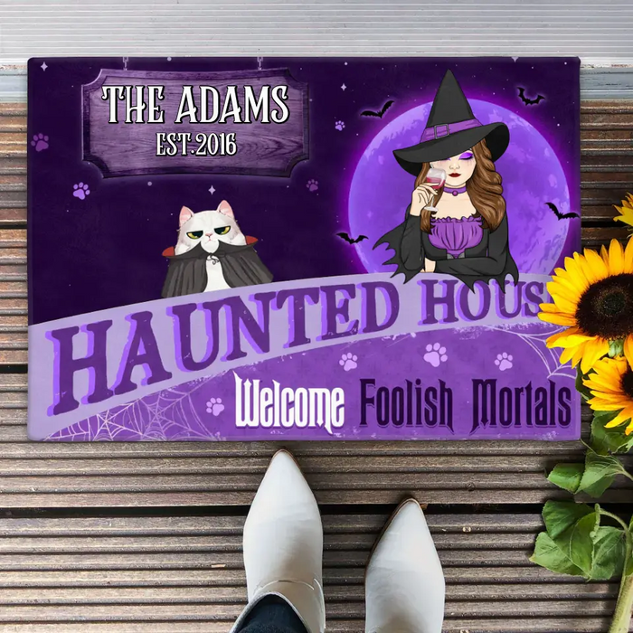 Personalized Witch Cat Doormat - Halloween Gift Idea For Family/Pet Lover - Up to 7 Cats - Haunted House Welcome Foolish Mortals