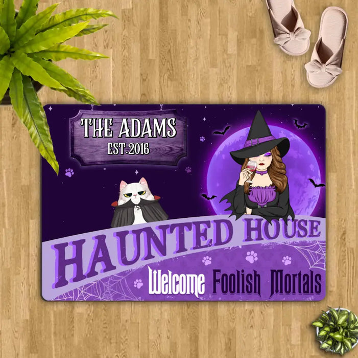 Personalized Witch Cat Doormat - Halloween Gift Idea For Family/Pet Lover - Up to 7 Cats - Haunted House Welcome Foolish Mortals