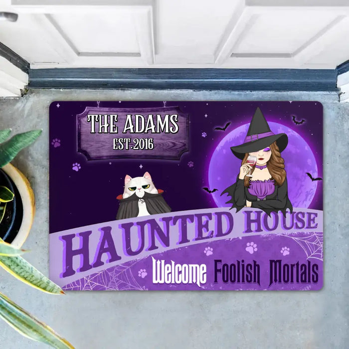 Personalized Witch Cat Doormat - Halloween Gift Idea For Family/Pet Lover - Up to 7 Cats - Haunted House Welcome Foolish Mortals