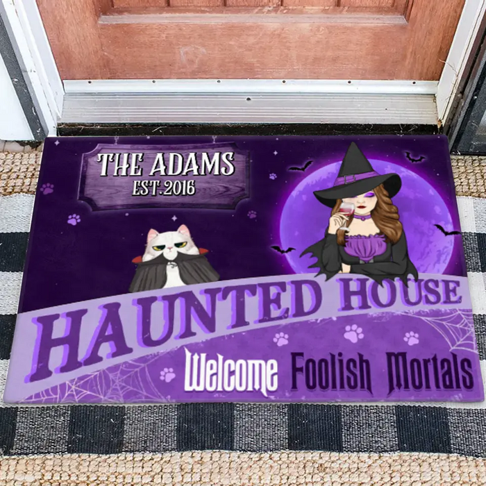 Personalized Witch Cat Doormat - Halloween Gift Idea For Family/Pet Lover - Up to 7 Cats - Haunted House Welcome Foolish Mortals
