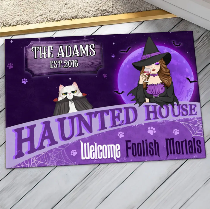 Personalized Witch Cat Doormat - Halloween Gift Idea For Family/Pet Lover - Up to 7 Cats - Haunted House Welcome Foolish Mortals