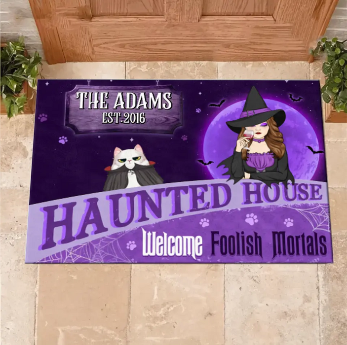 Personalized Witch Cat Doormat - Halloween Gift Idea For Family/Pet Lover - Up to 7 Cats - Haunted House Welcome Foolish Mortals
