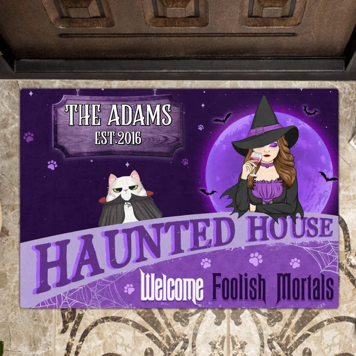 Personalized Witch Cat Doormat - Halloween Gift Idea For Family/Pet Lover - Up to 7 Cats - Haunted House Welcome Foolish Mortals