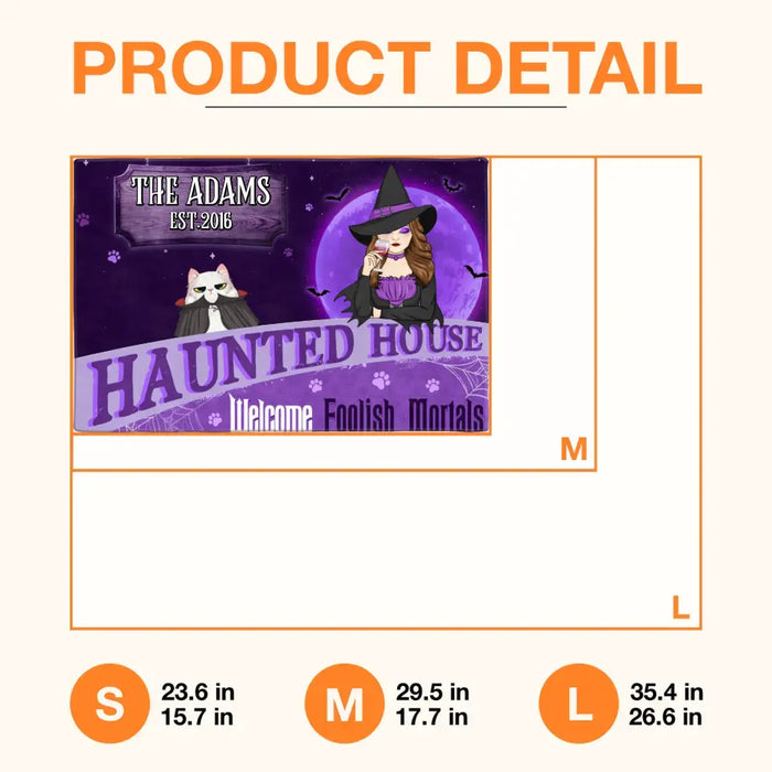 Personalized Witch Cat Doormat - Halloween Gift Idea For Family/Pet Lover - Up to 7 Cats - Haunted House Welcome Foolish Mortals