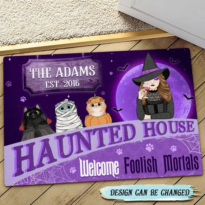 Personalized Witch Cat Doormat - Halloween Gift Idea For Family/Pet Lover - Up to 7 Cats - Haunted House Welcome Foolish Mortals