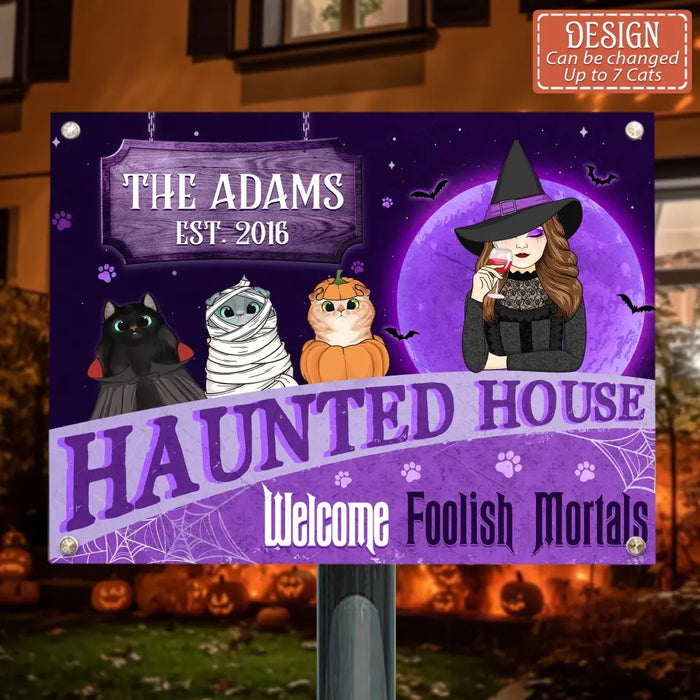 Personalized Witch Cat Metal Sign - Halloween Gift Idea For Family/Pet Lover - Up to 7 Cats - A Wicked Witch And Her Little Meownsters Live Here