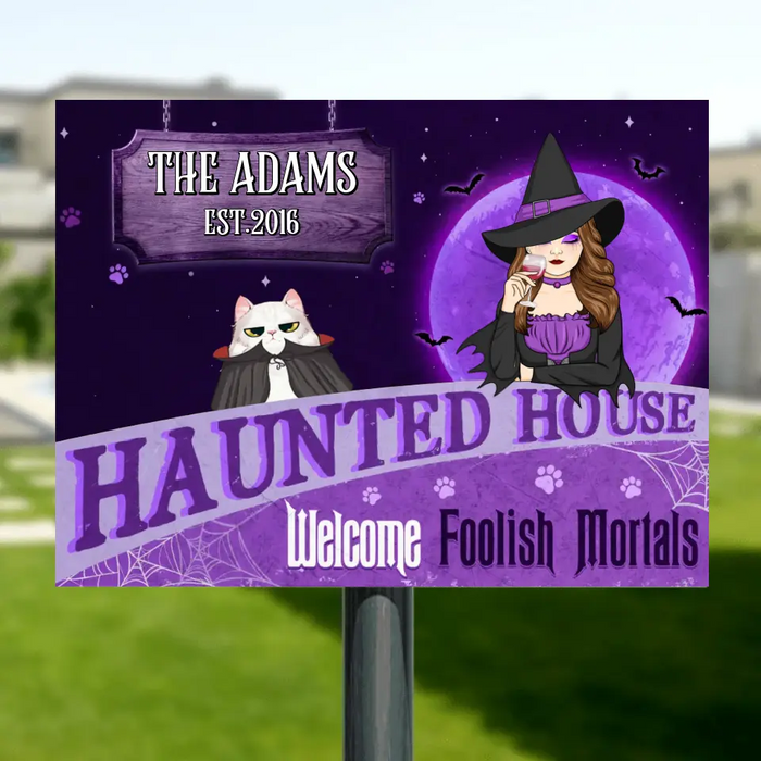 Personalized Witch Cat Metal Sign - Halloween Gift Idea For Family/Pet Lover - Up to 7 Cats - A Wicked Witch And Her Little Meownsters Live Here