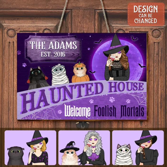 Personalized Witch Cat Wooden Sign - Halloween  Gift Idea For Family/Pet Lover - Up to 7 Cats - A Wicked Witch And Her Little Meownster Live Here