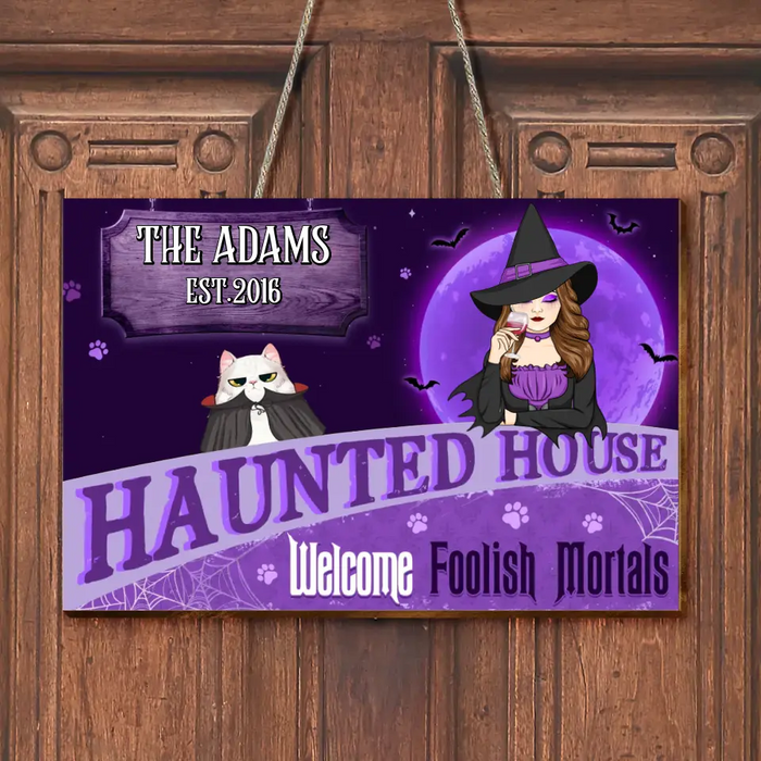 Personalized Witch Cat Wooden Sign - Halloween  Gift Idea For Family/Pet Lover - Up to 7 Cats - A Wicked Witch And Her Little Meownster Live Here