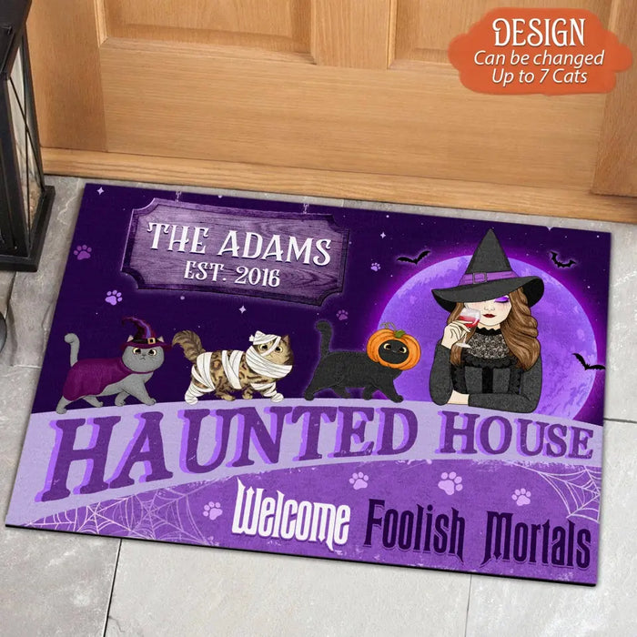Personalized Witch Cat Doormat - Halloween Gift Idea For Family/Cat Lover - Up to 6 Cats - Haunted House Welcome Foolish Mortals