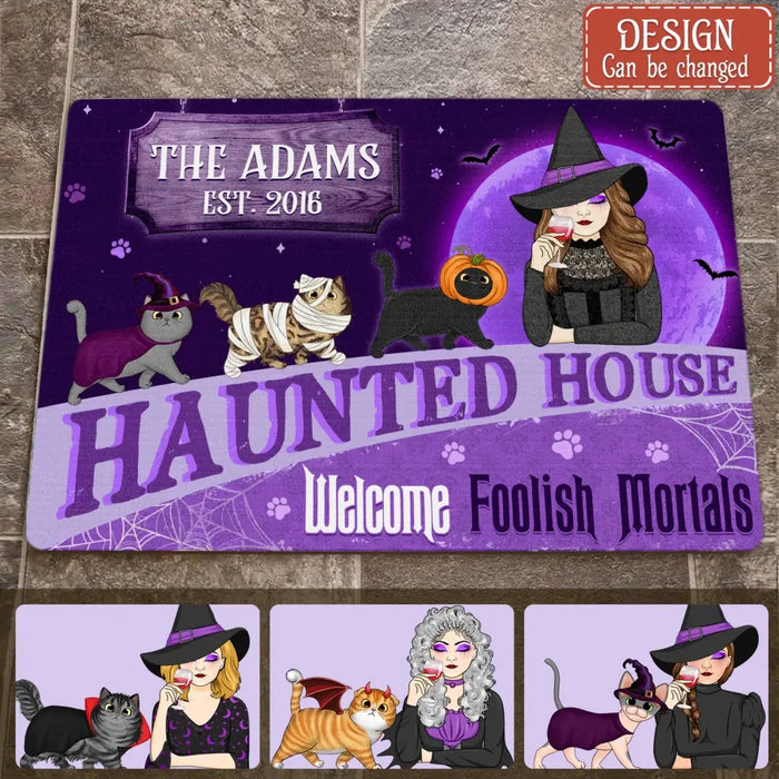 Personalized Witch Cat Doormat - Halloween Gift Idea For Family/Cat Lover - Up to 6 Cats - Haunted House Welcome Foolish Mortals
