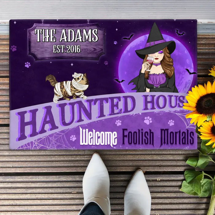 Personalized Witch Cat Doormat - Halloween Gift Idea For Family/Cat Lover - Up to 6 Cats - Haunted House Welcome Foolish Mortals