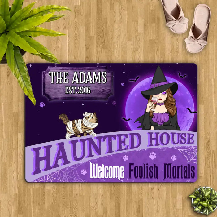 Personalized Witch Cat Doormat - Halloween Gift Idea For Family/Cat Lover - Up to 6 Cats - Haunted House Welcome Foolish Mortals