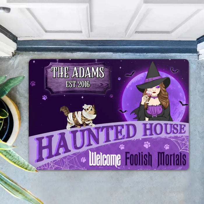 Personalized Witch Cat Doormat - Halloween Gift Idea For Family/Cat Lover - Up to 6 Cats - Haunted House Welcome Foolish Mortals