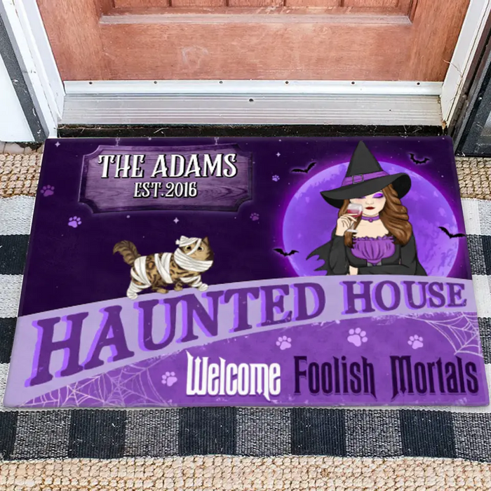Personalized Witch Cat Doormat - Halloween Gift Idea For Family/Cat Lover - Up to 6 Cats - Haunted House Welcome Foolish Mortals