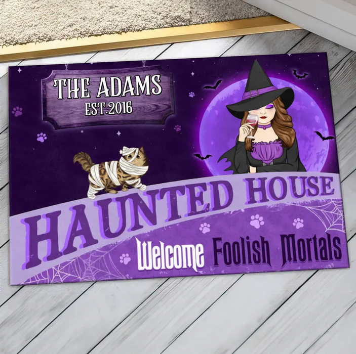 Personalized Witch Cat Doormat - Halloween Gift Idea For Family/Cat Lover - Up to 6 Cats - Haunted House Welcome Foolish Mortals