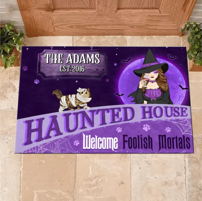 Personalized Witch Cat Doormat - Halloween Gift Idea For Family/Cat Lover - Up to 6 Cats - Haunted House Welcome Foolish Mortals