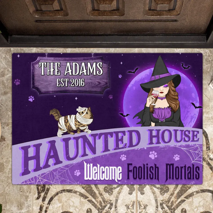 Personalized Witch Cat Doormat - Halloween Gift Idea For Family/Cat Lover - Up to 6 Cats - Haunted House Welcome Foolish Mortals