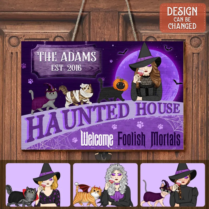 Personalized Witch Cat Wooden Sign - Halloween  Gift Idea For Family/Pet Lover - Up to 6 Cats - A Wicked Witch And Her Little Meownster Live Here
