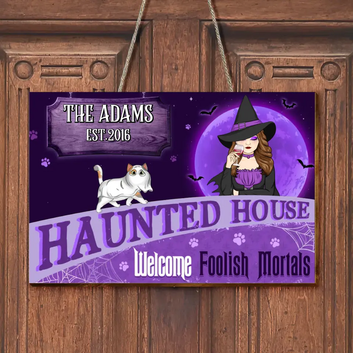 Personalized Witch Cat Wooden Sign - Halloween  Gift Idea For Family/Pet Lover - Up to 6 Cats - A Wicked Witch And Her Little Meownster Live Here