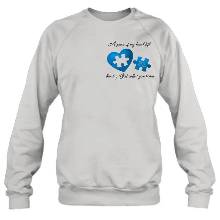 Personalized Memorial Shirt/Hoodie - Memorial Gift Idea for Mother's Day/Father's Day - A Piece Of My Heart Left The Day God Called You Home