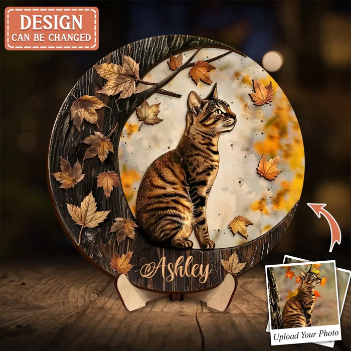 Personalized Cat Moon 2 Layered Wooden Art - Upload Photo - Gift Idea For Cat Lover