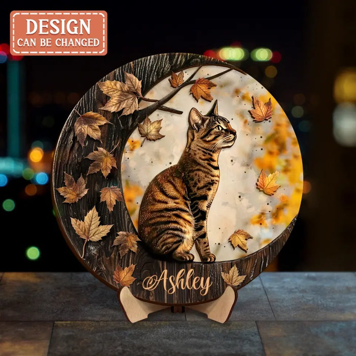 Personalized Cat Moon 2 Layered Wooden Art - Gift Idea For Cat Lover