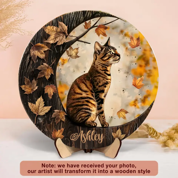 Personalized Cat Moon 2 Layered Wooden Art - Upload Photo - Gift Idea For Cat Lover