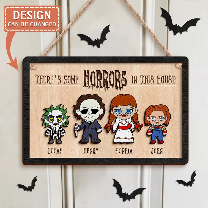 Personalized Horrors Family 2 Layered Wooden Art - Parents With Up to 4 Kids - There's Some Horrors In This House
