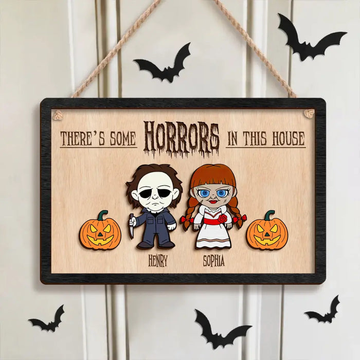 Personalized Horrors Family 2 Layered Wooden Art - Parents With Up to 4 Kids - There's Some Horrors In This House