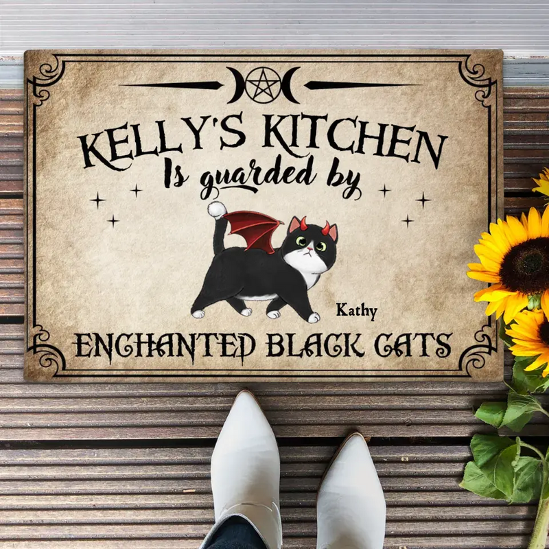 Personalized Cat Doormat - Halloween Gift Idea For Cat Lover - Up to 6 Cats - Witch's Kitchen Is Guarded By Enchanted Black Cats