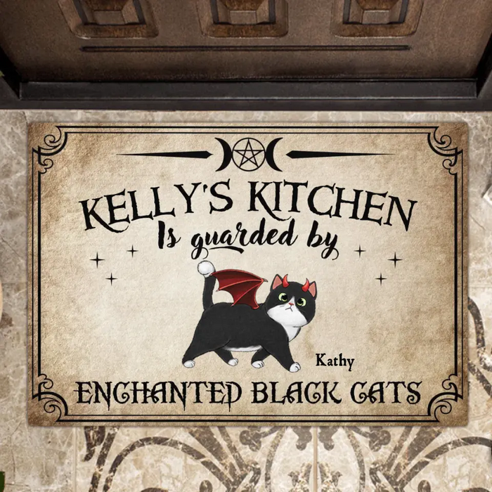 Personalized Cat Doormat - Halloween Gift Idea For Cat Lover - Up to 6 Cats - Witch's Kitchen Is Guarded By Enchanted Black Cats