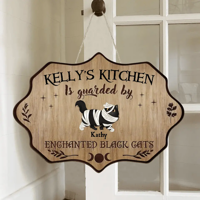 Personalized Cat Wooden Sign - Halloween Gift Idea For Cat Lover - Up to 6 Cats - Witch's Kitchen Is Guarded By Enchanted Black Cats