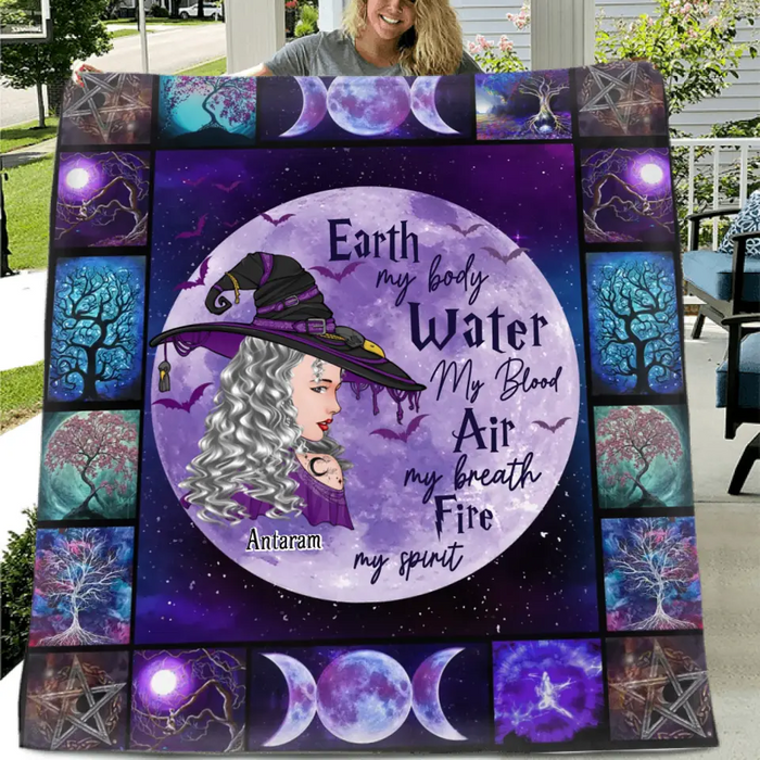 Personalized Witch Quilt/Fleece Throw Blanket - Gift Idea For Witch Lover - Earth My Body Water My Blood Air My Breath Fire My Spirit