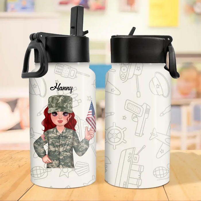 Personalized Army Kid Water Bottle With Straw Lid - Gift Idea For Your Kid/Back To School