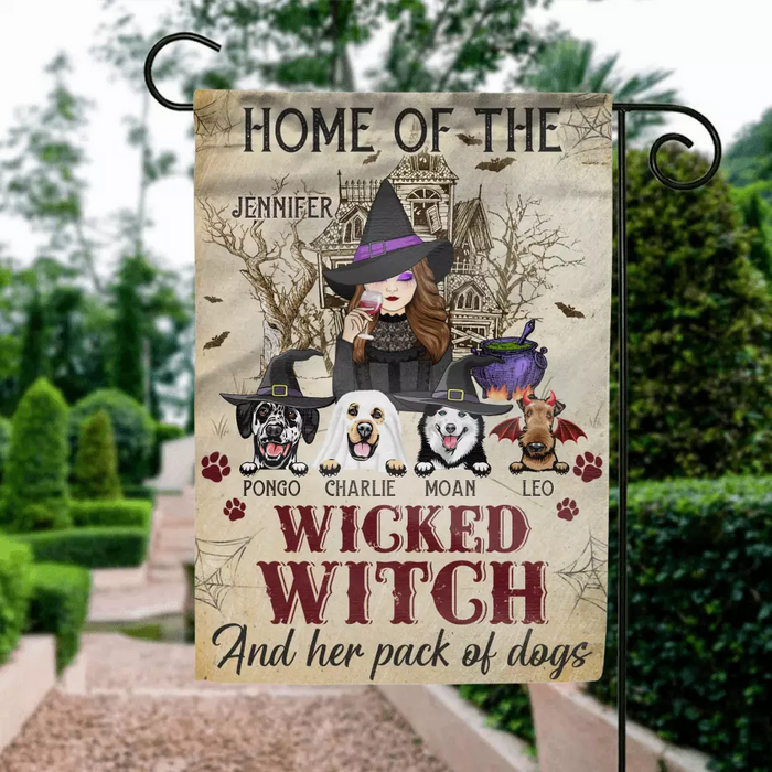 Personalized Witch Dog Flag Sign - Home Of The Wicked Witch And Her Pack Of Dogs - Halloween Gift Idea For Family/ Witch/Dog Lovers With Up to 4 Dogs