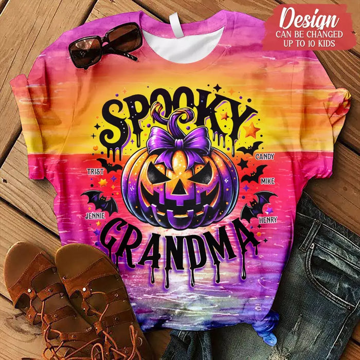 Personalized Grandma Spooky Pumpkin AOP T-shirt - Halloween Gift Idea For Grandma/Mother - Up to 10 Kids
