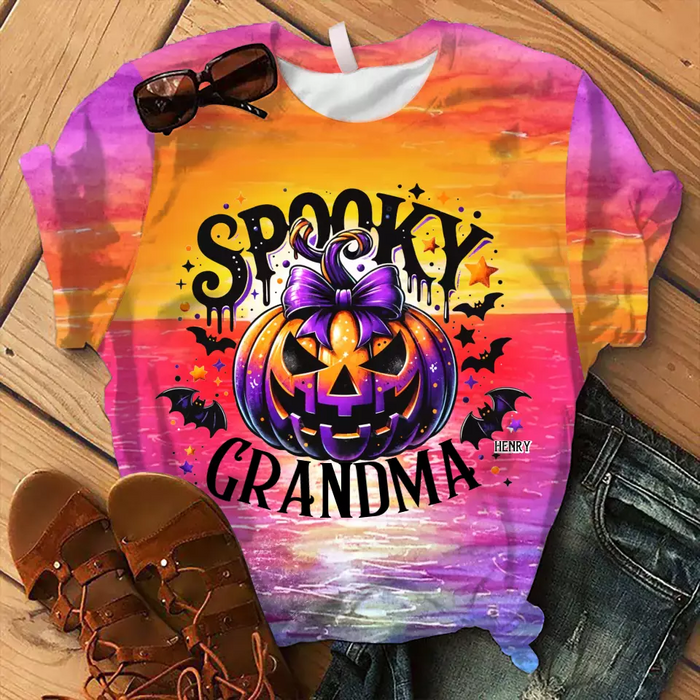 Personalized Grandma Spooky Pumpkin AOP T-shirt - Halloween Gift Idea For Grandma/Mother - Up to 10 Kids
