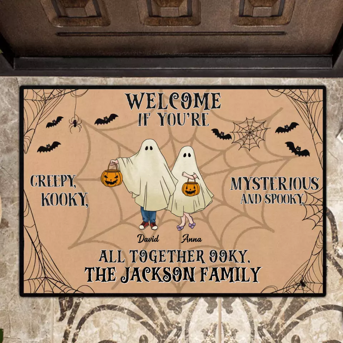 Personalized Family Doormat - Halloween Gift Idea For Couple/Family/Pet Lover - Couple/Parents With Up to 5 Kids And 3 Pets - Welcome If You're Creepy, Kooky