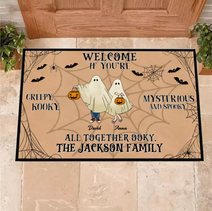 Personalized Family Doormat - Halloween Gift Idea For Couple/Family/Pet Lover - Couple/Parents With Up to 5 Kids And 3 Pets - Welcome If You're Creepy, Kooky