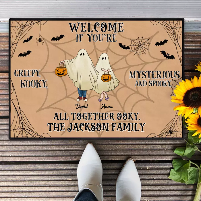 Personalized Family Doormat - Halloween Gift Idea For Couple/Family/Pet Lover - Couple/Parents With Up to 5 Kids And 3 Pets - Welcome If You're Creepy, Kooky