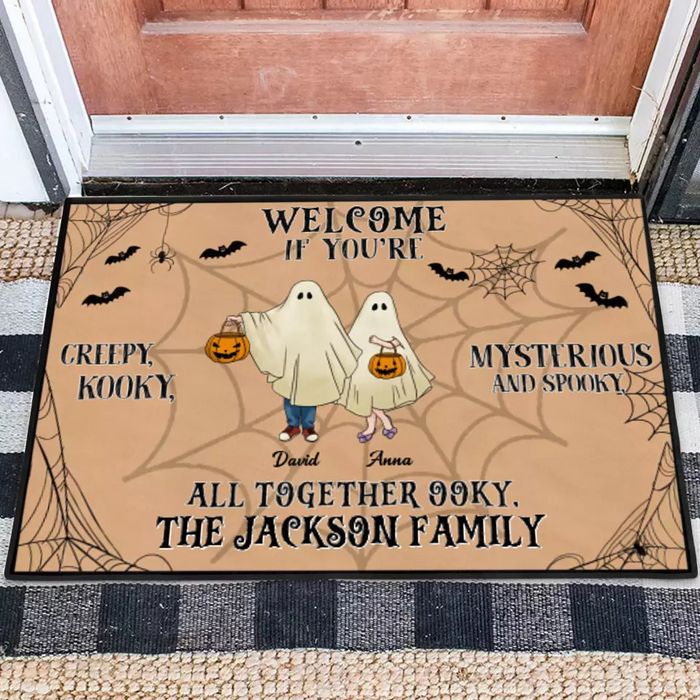 Personalized Family Doormat - Halloween Gift Idea For Couple/Family/Pet Lover - Couple/Parents With Up to 5 Kids And 3 Pets - Welcome If You're Creepy, Kooky