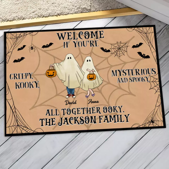 Personalized Family Doormat - Halloween Gift Idea For Couple/Family/Pet Lover - Couple/Parents With Up to 5 Kids And 3 Pets - Welcome If You're Creepy, Kooky