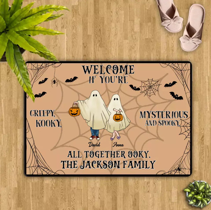 Personalized Family Doormat - Halloween Gift Idea For Couple/Family/Pet Lover - Couple/Parents With Up to 5 Kids And 3 Pets - Welcome If You're Creepy, Kooky