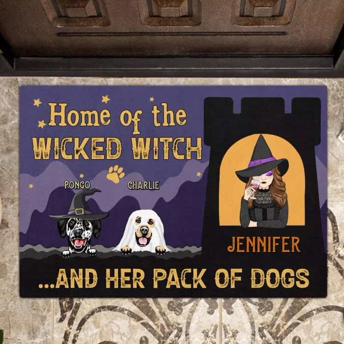 Personalized Witch Dog Doormat - Halloween Gift Idea For Family/Dog Lover - Up to 7 Dogs - Home Of The Wicked Witch And Her Pack Of Dogs